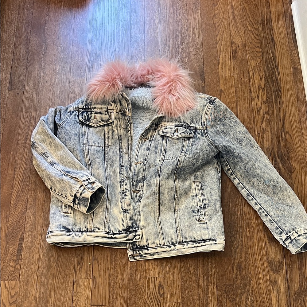 Juicy Couture Sherpa-Lined Denim Jacket with Detachable Pink Fur Collar